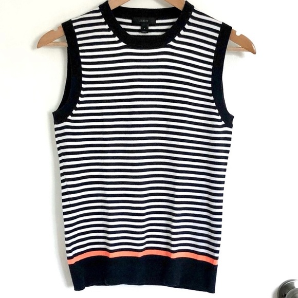 J. Crew Tops - J Crew Women’s Striped Crewneck Sweater Vest, Navy Blue White Orange, Size large